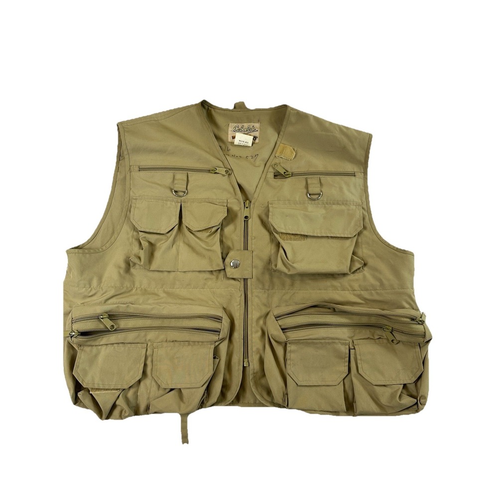 Cabelas L Outdoor Vintage Fly Fishing Utility Pockets Safari Hunting Vest Tan